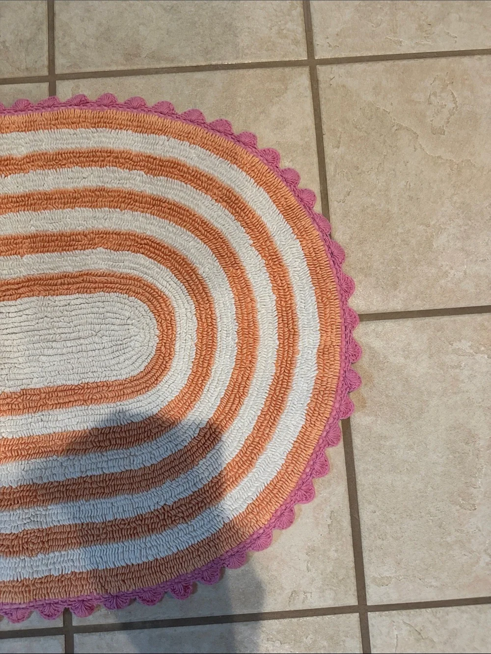 Rug Mat White and Orange Striped Oval Door Mat with Pink Scalloped Edge